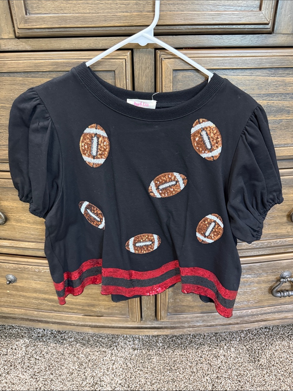 Peach Love California Black Short Sleeve Tee with Red Stripe & Sequin Footballs